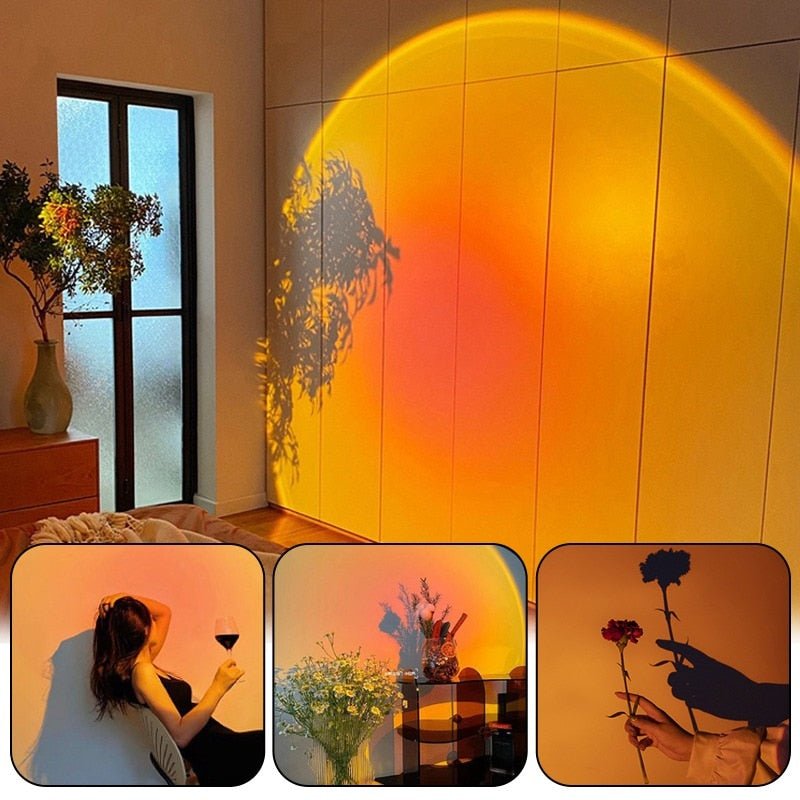 Modern sunset lamp projector creating a warm, aesthetic glow, perfect for home decor, photography, and ambient lighting.