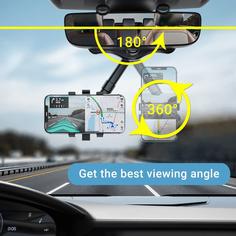 Smartphone car holder with adjustable rotation for easy viewing.